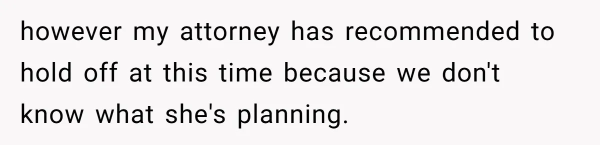 however my attorney has recommended to hold off at this time because we don't know what she's planning.