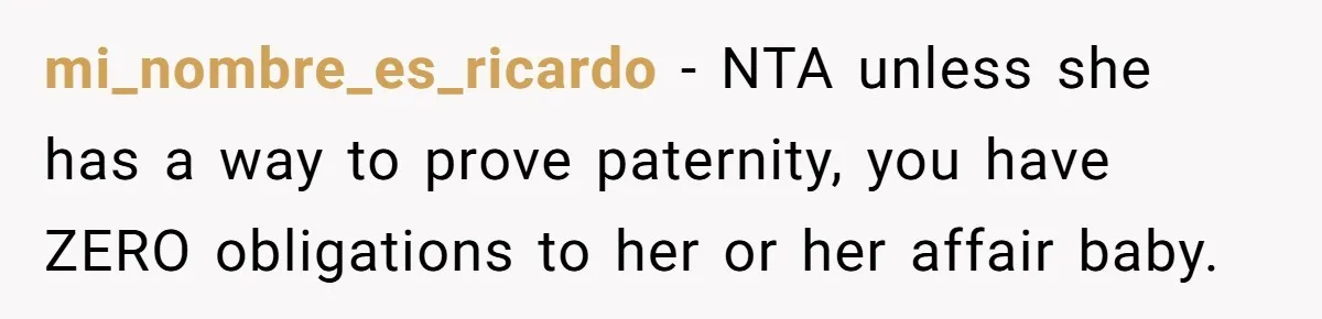 mi_nombre_es_ricardo − NTA unless she has a way to prove paternity, you have ZERO obligations to her or her affair baby.