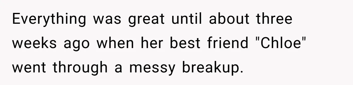He Let His Girlfriend’s “Heartbroken” Friend Stay for a Few Days, Then Realized He’d Lost Control of His Own Home Everything was great until about three weeks ago when her best friend "Chloe" went through a messy breakup.