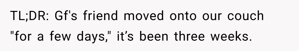 He Let His Girlfriend’s “Heartbroken” Friend Stay for a Few Days, Then Realized He’d Lost Control of His Own Home TL;DR: Gf's friend moved onto our couch "for a few days," it’s been three weeks.