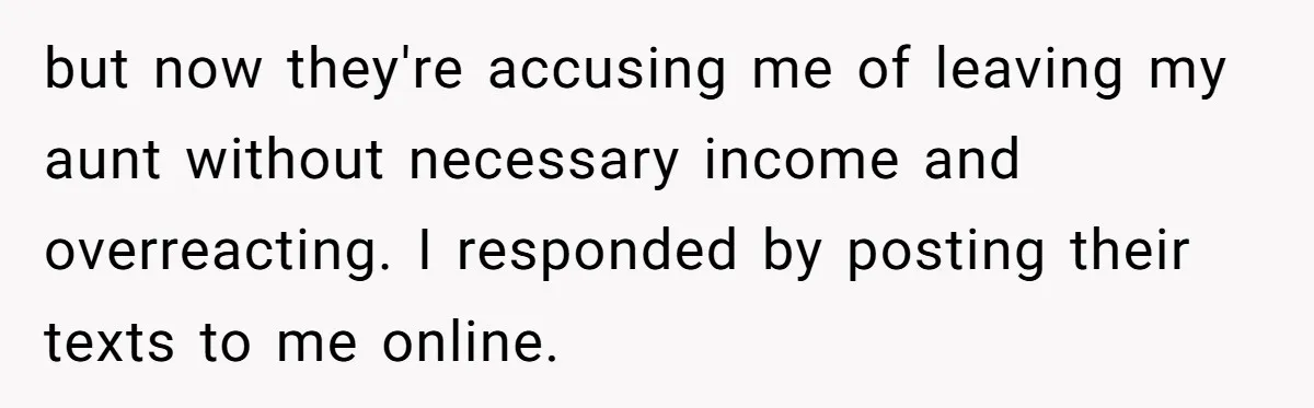 but now they're accusing me of leaving my aunt without necessary income and overreacting. I responded by posting their texts to me online.