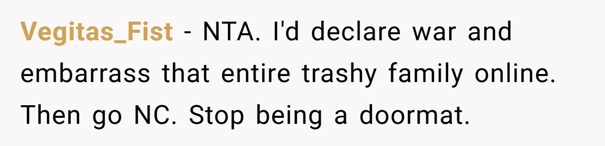 Vegitas_Fist − NTA. I'd declare war and embarrass that entire trashy family online. Then go NC. Stop being a doormat.