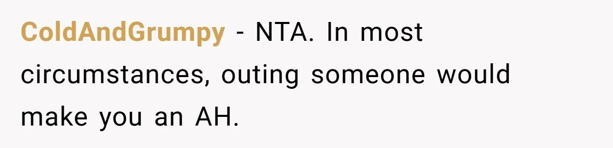 ColdAndGrumpy − NTA. In most circumstances, outing someone would make you an AH.