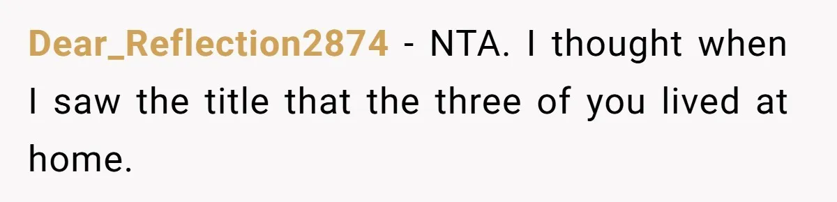 Dear_Reflection2874 − NTA. I thought when I saw the title that the three of you lived at home.