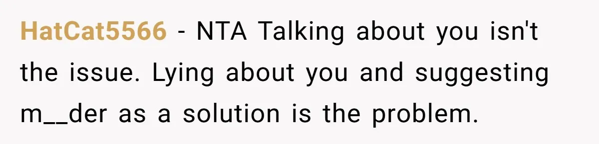 He Told His Coworker His Wife Was “Abusing” Him, Then She Saw the Messages HatCat5566 − NTA Talking about you isn't the issue. Lying about you and suggesting m__der as a solution is the problem.