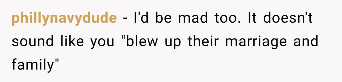 phillynavydude − I'd be mad too. It doesn't sound like you "blew up their marriage and family"