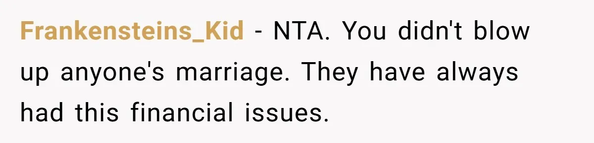 Frankensteins_Kid − NTA. You didn't blow up anyone's marriage. They have always had this financial issues.