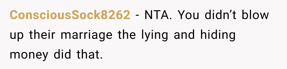 ConsciousSock8262 − NTA. You didn’t blow up their marriage the lying and hiding money did that.