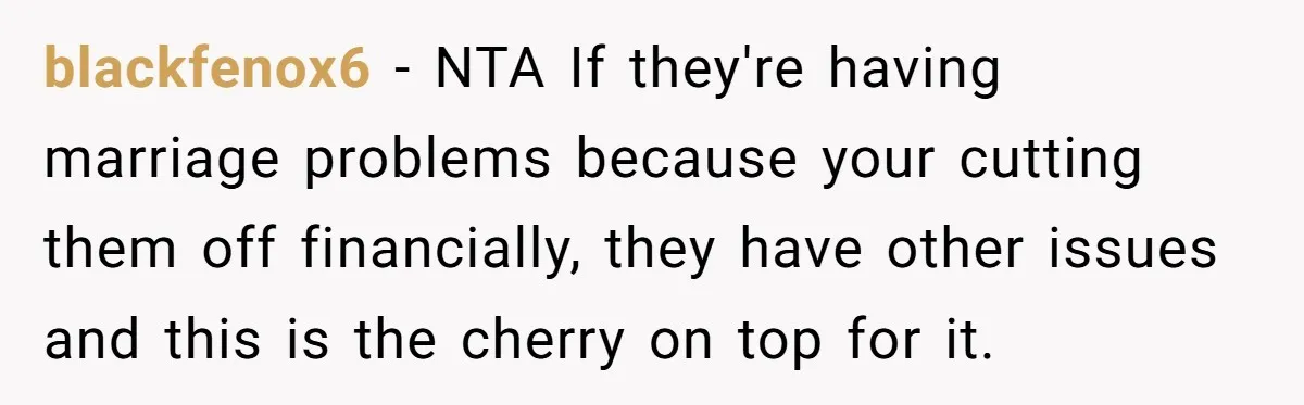 blackfenox6 − NTA If they're having marriage problems because your cutting them off financially, they have other issues and this is the cherry on top for it.