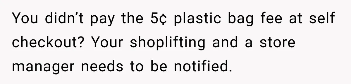 You didn’t pay the 5¢ plastic bag fee at self checkout? Your shoplifting and a store manager needs to be notified.