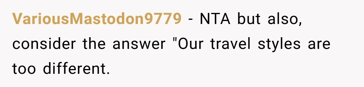 VariousMastodon9779 − NTA but also, consider the answer "Our travel styles are too different.