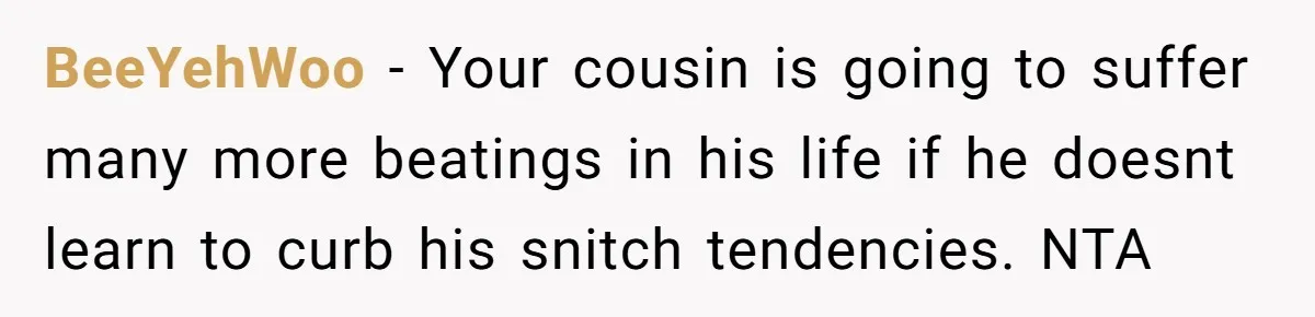 BeeYehWoo − Your cousin is going to suffer many more beatings in his life if he doesnt learn to curb his snitch tendencies. NTA