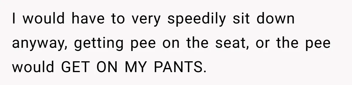 I would have to very speedily sit down anyway, getting pee on the seat, or the pee would GET ON MY PANTS.