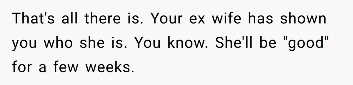 Man With A Girlfriend Faces Ultimatum After Wife And Mother Push For Family Reconciliation That's all there is. Your ex wife has shown you who she is. You know. She'll be "good" for a few weeks.