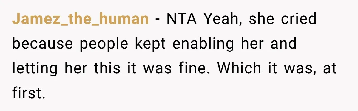 Jamez_the_human − NTA Yeah, she cried because people kept enabling her and letting her this it was fine. Which it was, at first.