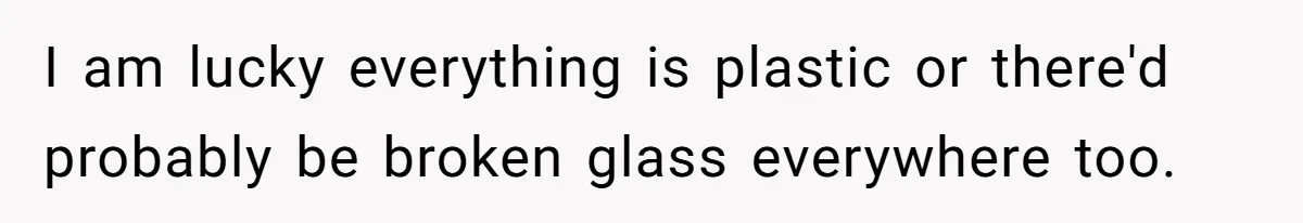 I am lucky everything is plastic or there'd probably be broken glass everywhere too.