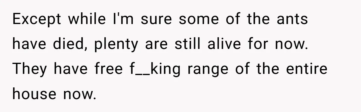 Except while I'm sure some of the ants have died, plenty are still alive for now. They have free f__king range of the entire house now.