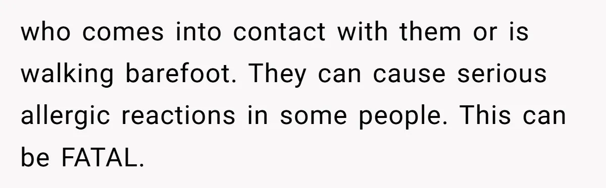 who comes into contact with them or is walking barefoot. They can cause serious allergic reactions in some people. This can be FATAL.