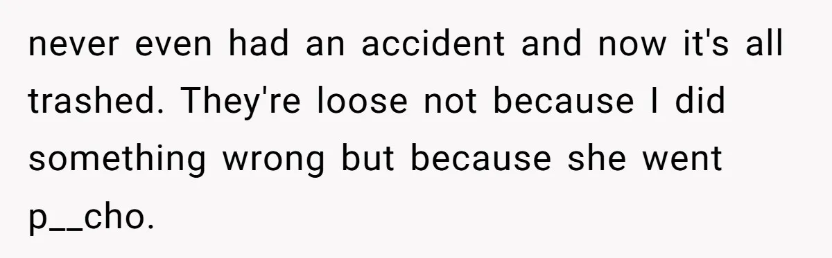 never even had an accident and now it's all trashed. They're loose not because I did something wrong but because she went p__cho.
