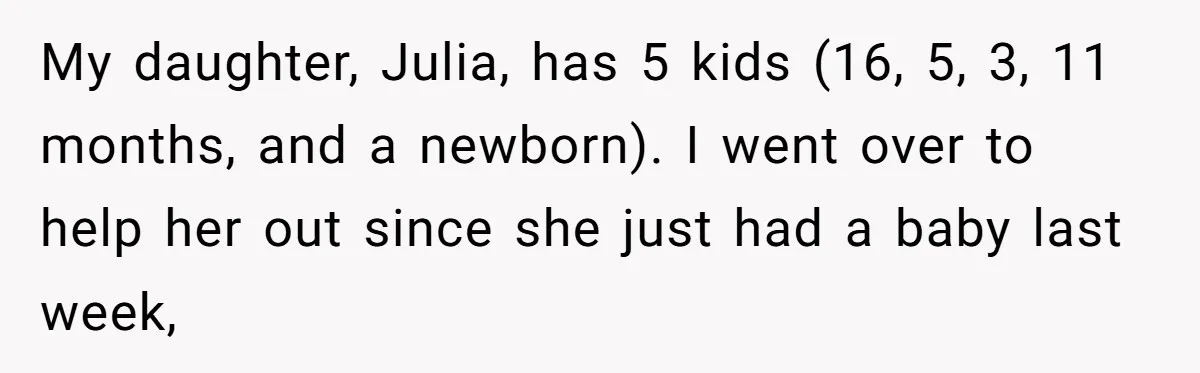 My daughter, Julia, has 5 kids (16, 5, 3, 11 months, and a newborn). I went over to help her out since she just had a baby last week,