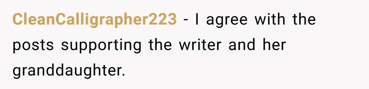 CleanCalligrapher223 − I agree with the posts supporting the writer and her granddaughter.