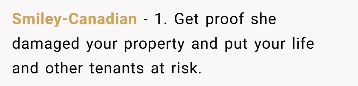 Smiley-Canadian − 1. Get proof she damaged your property and put your life and other tenants at risk.