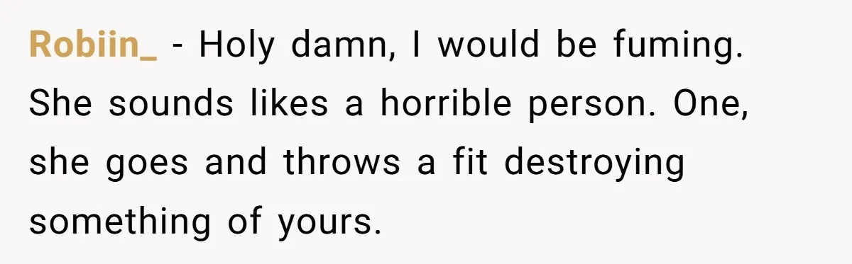 Robiin_ − Holy damn, I would be fuming. She sounds likes a horrible person. One, she goes and throws a fit destroying something of yours.