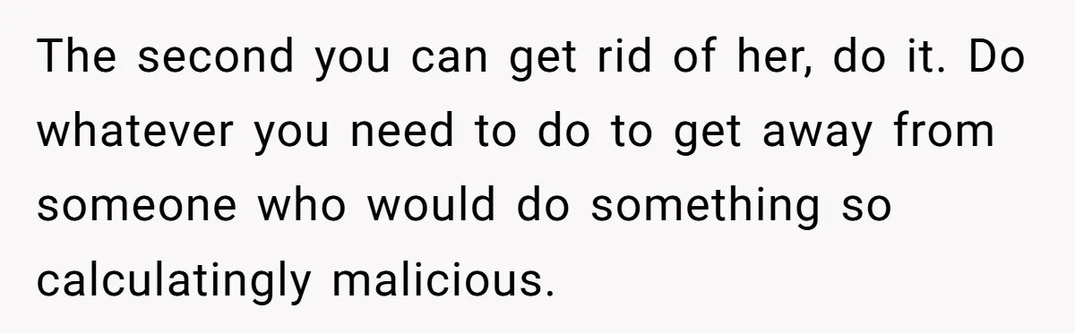 The second you can get rid of her, do it. Do whatever you need to do to get away from someone who would do something so calculatingly malicious.