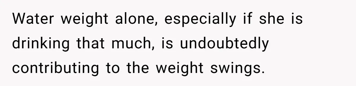Water weight alone, especially if she is drinking that much, is undoubtedly contributing to the weight swings.
