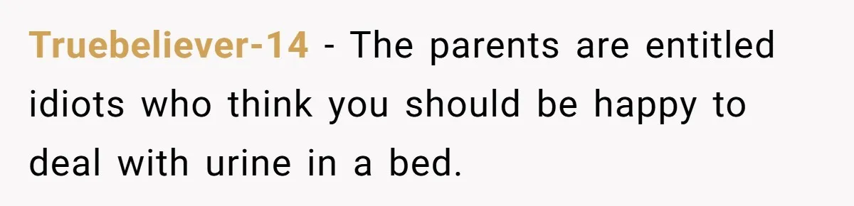 She Asked Overnight Guests to Put Their Kids in Pull-Ups, and the Parents Took Offense Truebeliever-14 − The parents are entitled idiots who think you should be happy to deal with urine in a bed.