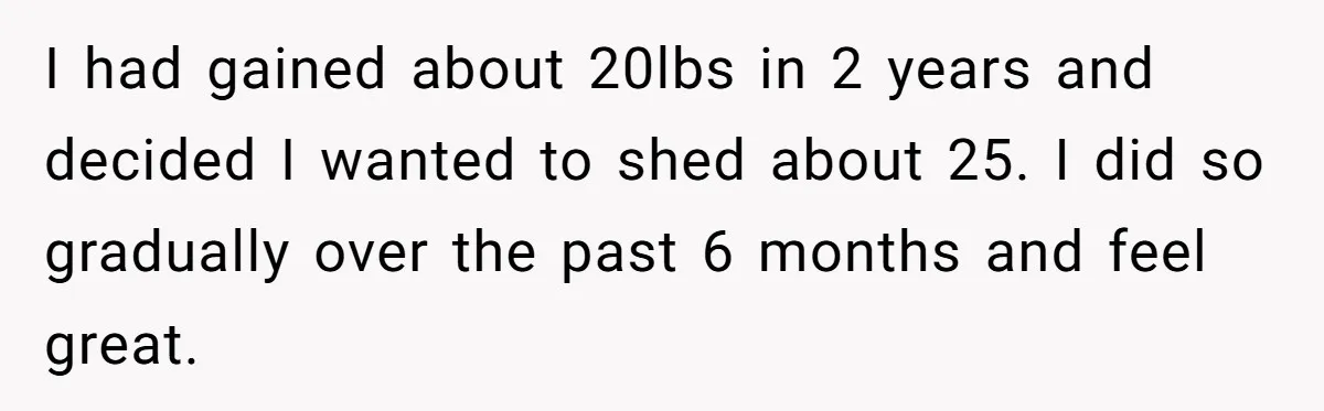 I had gained about 20lbs in 2 years and decided I wanted to shed about 25. I did so gradually over the past 6 months and feel great.