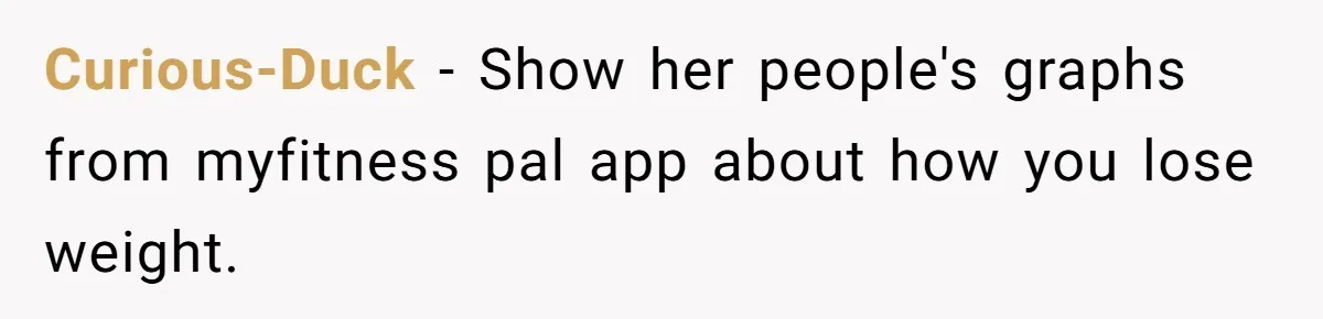 Curious-Duck − Show her people's graphs from myfitness pal app about how you lose weight.