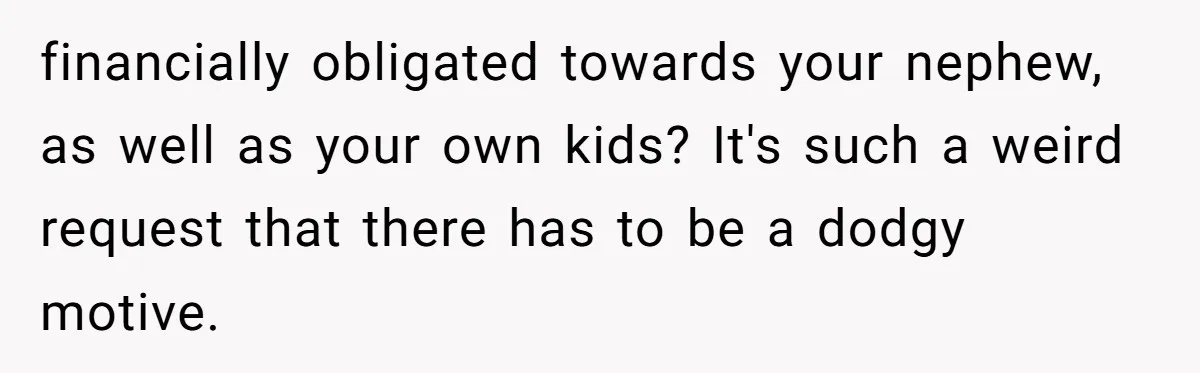 financially obligated towards your nephew, as well as your own kids? It's such a weird request that there has to be a dodgy motive.