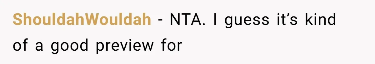 ShouldahWouldah − NTA. I guess it’s kind of a good preview for