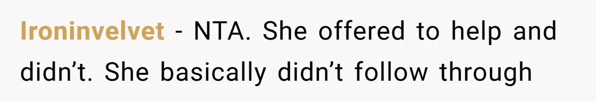 Ironinvelvet − NTA. She offered to help and didn’t. She basically didn’t follow through