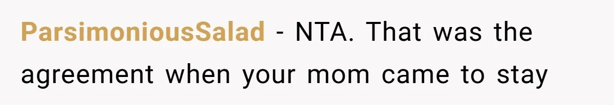 ParsimoniousSalad − NTA. That was the agreement when your mom came to stay