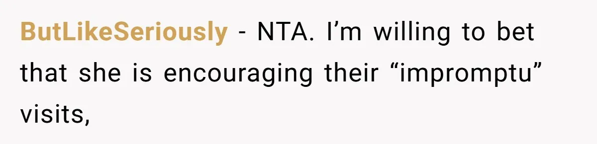 ButLikeSeriously − NTA. I’m willing to bet that she is encouraging their “impromptu” visits,