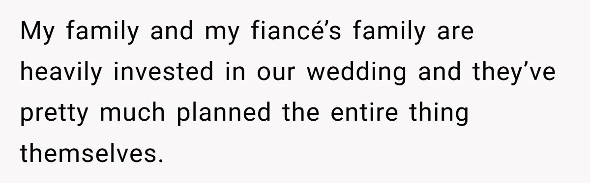 My family and my fiancé’s family are heavily invested in our wedding and they’ve pretty much planned the entire thing themselves.