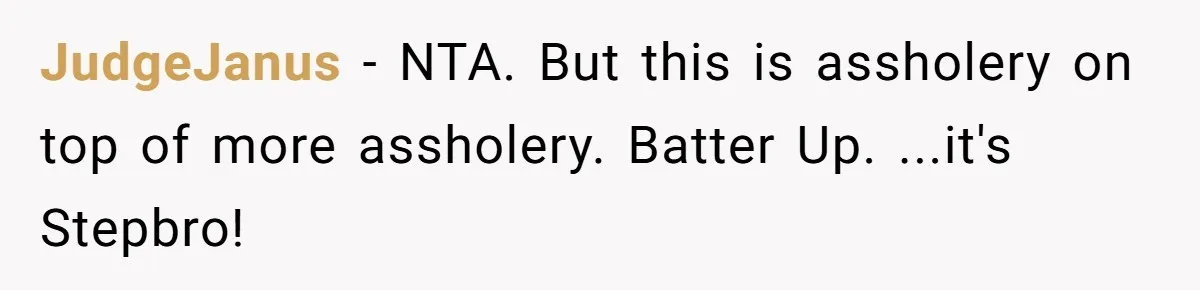 JudgeJanus − NTA. But this is assholery on top of more assholery. Batter Up. ...it's Stepbro!