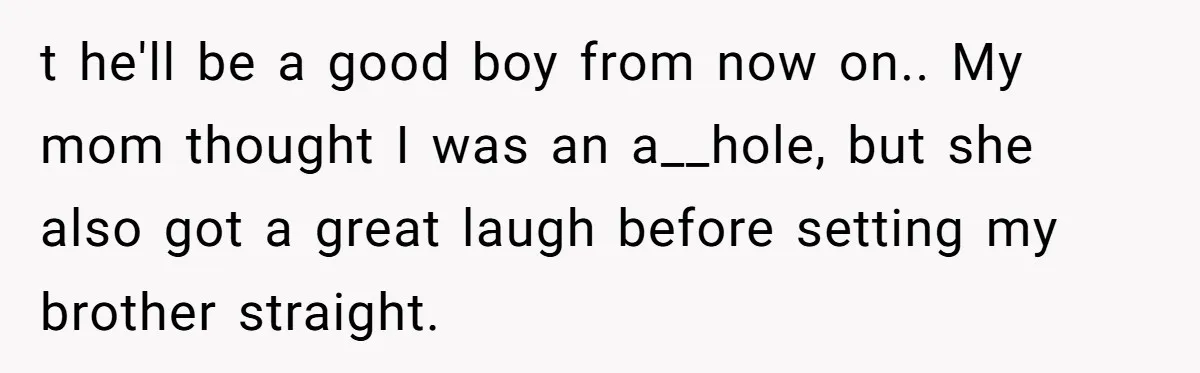 t he'll be a good boy from now on.. My mom thought I was an a__hole, but she also got a great laugh before setting my brother straight.