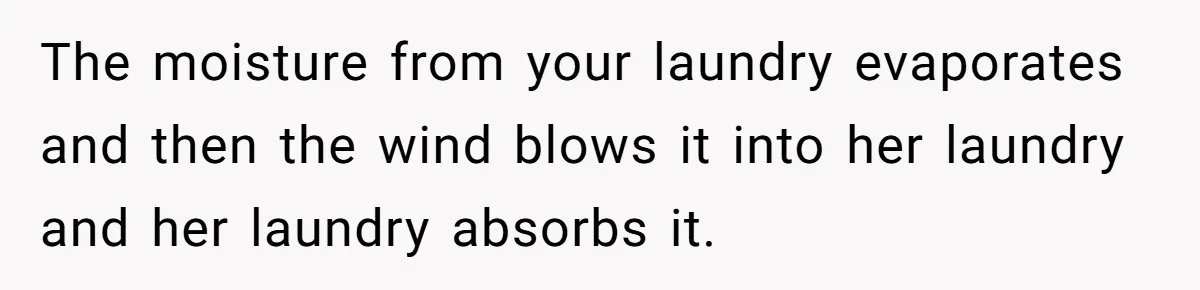 The moisture from your laundry evaporates and then the wind blows it into her laundry and her laundry absorbs it.