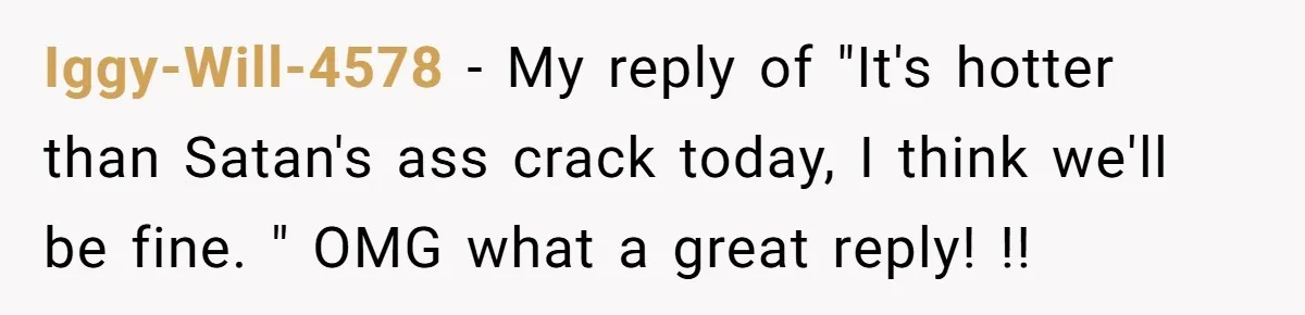 Iggy-Will-4578 − My reply of "It's hotter than Satan's ass crack today, I think we'll be fine. " OMG what a great reply! !!