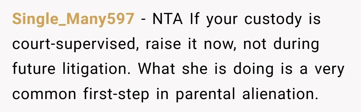 Single_Many597 − NTA If your custody is court-supervised, raise it now, not during future litigation. What she is doing is a very common first-step in parental alienation.