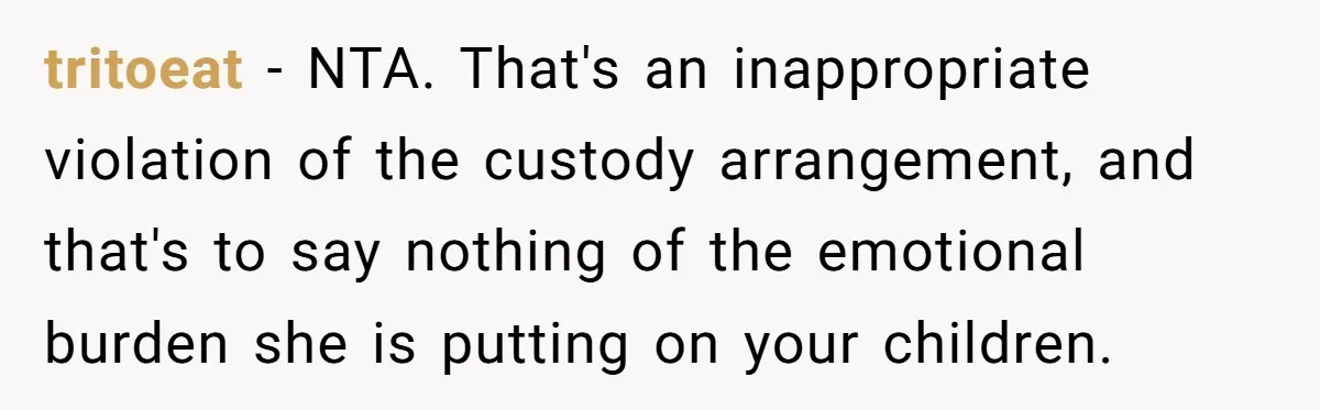 tritoeat − NTA. That's an inappropriate violation of the custody arrangement, and that's to say nothing of the emotional burden she is putting on your children.