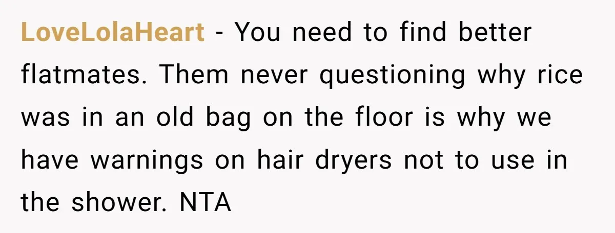 Her Flatmates Kept Stealing Her Food, Then They Accidentally Ate the “Gym Rice” Hidden Under Her Desk LoveLolaHeart − You need to find better flatmates. Them never questioning why rice was in an old bag on the floor is why we have warnings on hair dryers not...