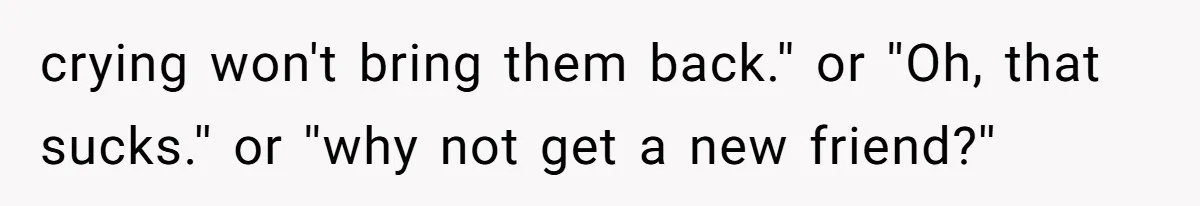 crying won't bring them back.'' or ''Oh, that sucks.'' or ''why not get a new friend?''