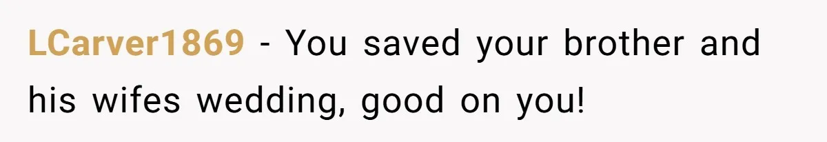 LCarver1869 − You saved your brother and his wifes wedding, good on you!