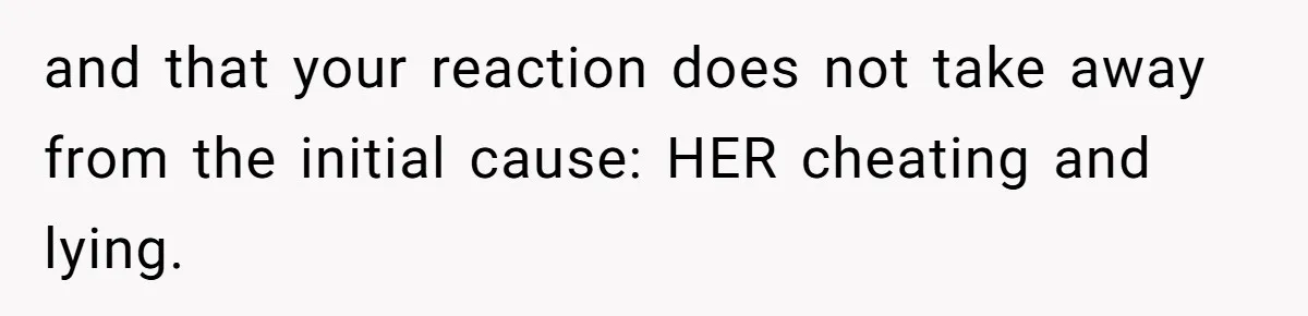 and that your reaction does not take away from the initial cause: HER cheating and lying.