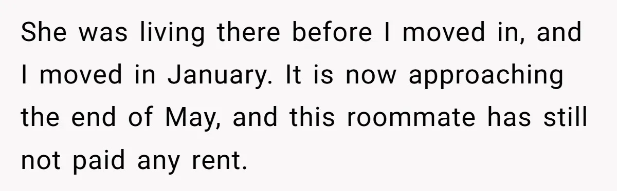 She was living there before I moved in, and I moved in January. It is now approaching the end of May, and this roommate has still not paid any rent.