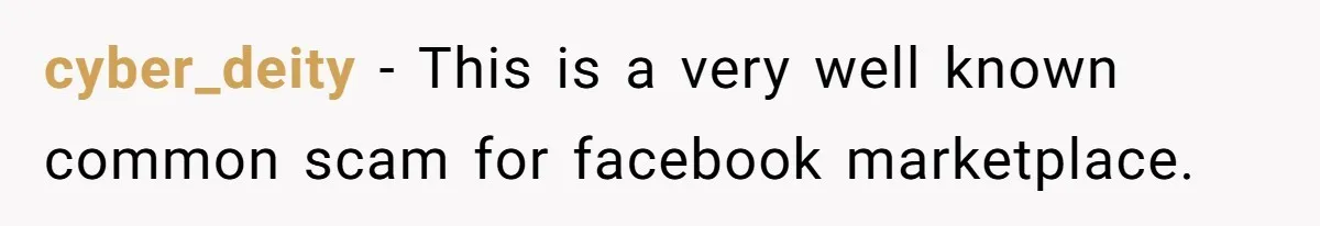 cyber_deity − This is a very well known common scam for facebook marketplace.